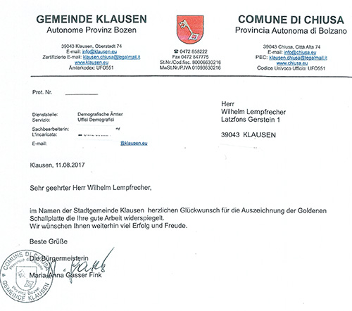 Stadtgemeinde Klausen: Gratulationsschreiben zur goldenen Schallplatte